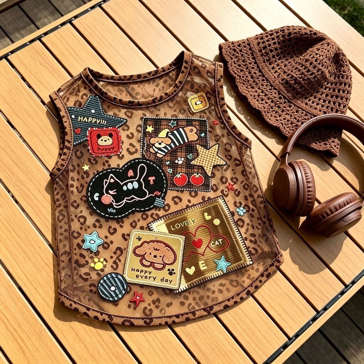 Leopard Print Pet Vest with Cartoon Patches