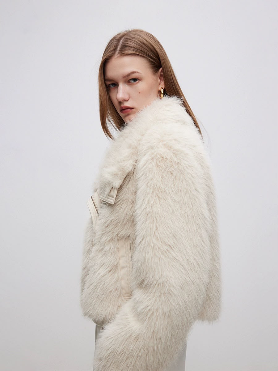 Light Beige Faux Fur  lapel Coat