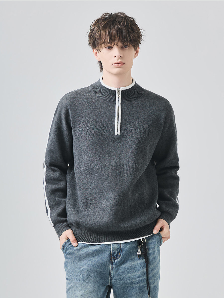 Men's Loose Half-Zip Contrast Stripe Knit Sweater