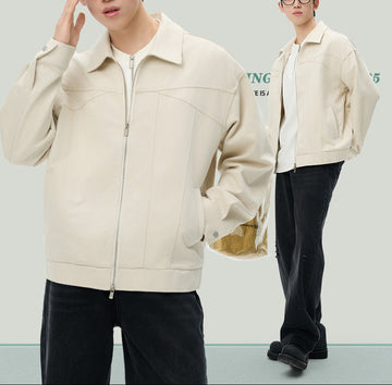 Men's Loose Washed Zip-Up Jacket with Lapel Collar