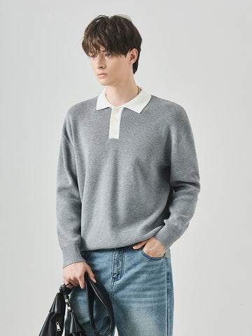 Men's Loose Contrast Collar Polo Knit Sweater