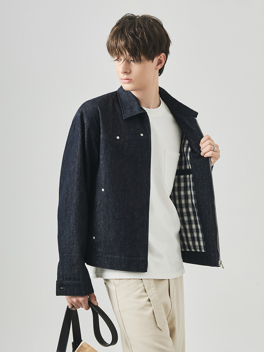 Men's Loose Studded Denim Jacket with Lapel Collar
