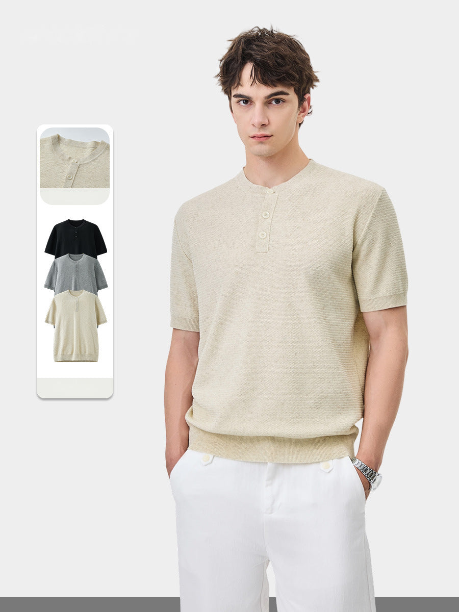 Men's Henley Collar Short-Sleeve Knit T-Shirt