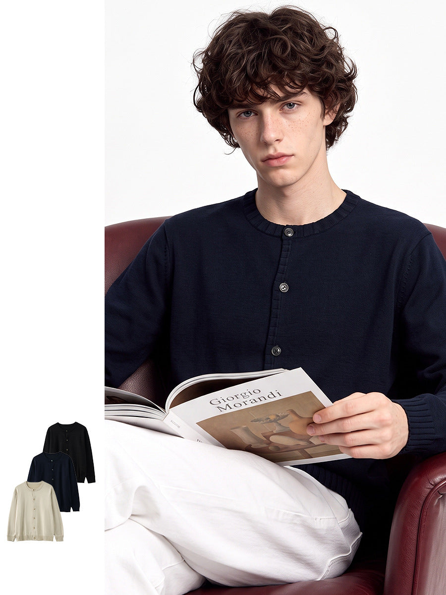 Men's Loose Round-Neck Button-Up Knit Cardigan