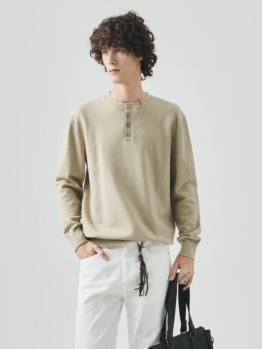 Men's Straight-Fit Henley Collar Knit Pullover Sweater