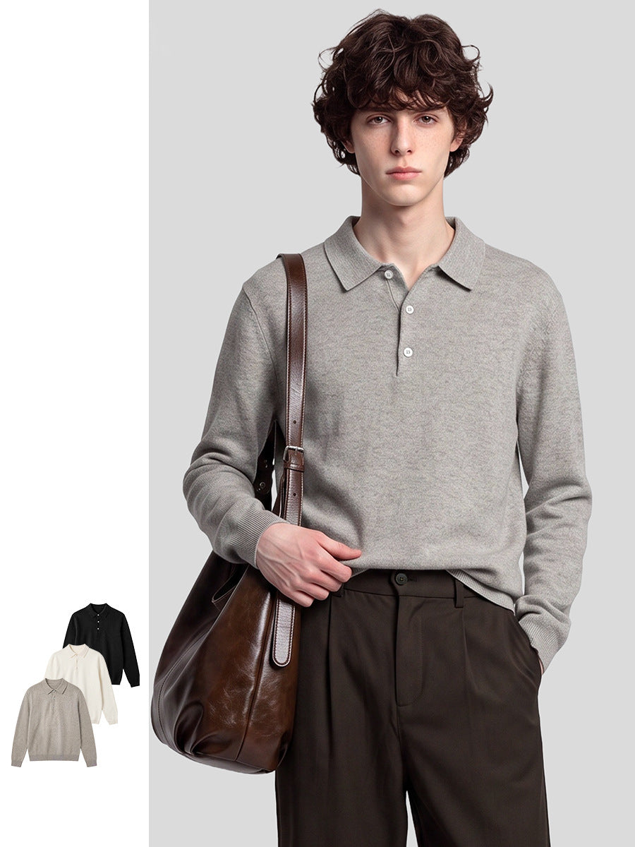 Men's Loose Polo Collar Long-Sleeve Knit Sweater