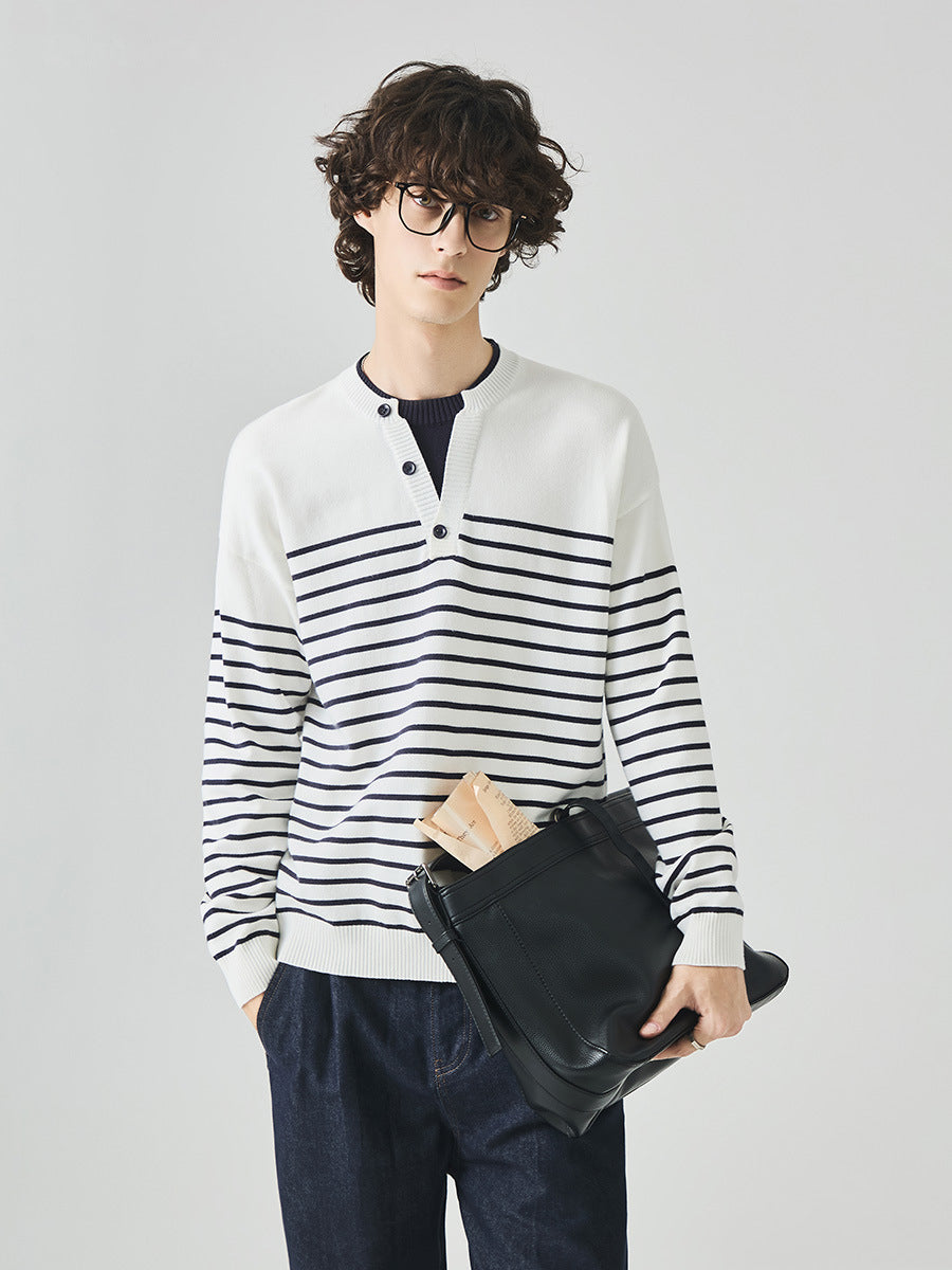 Men's Loose Striped Henley Knit Sweater
