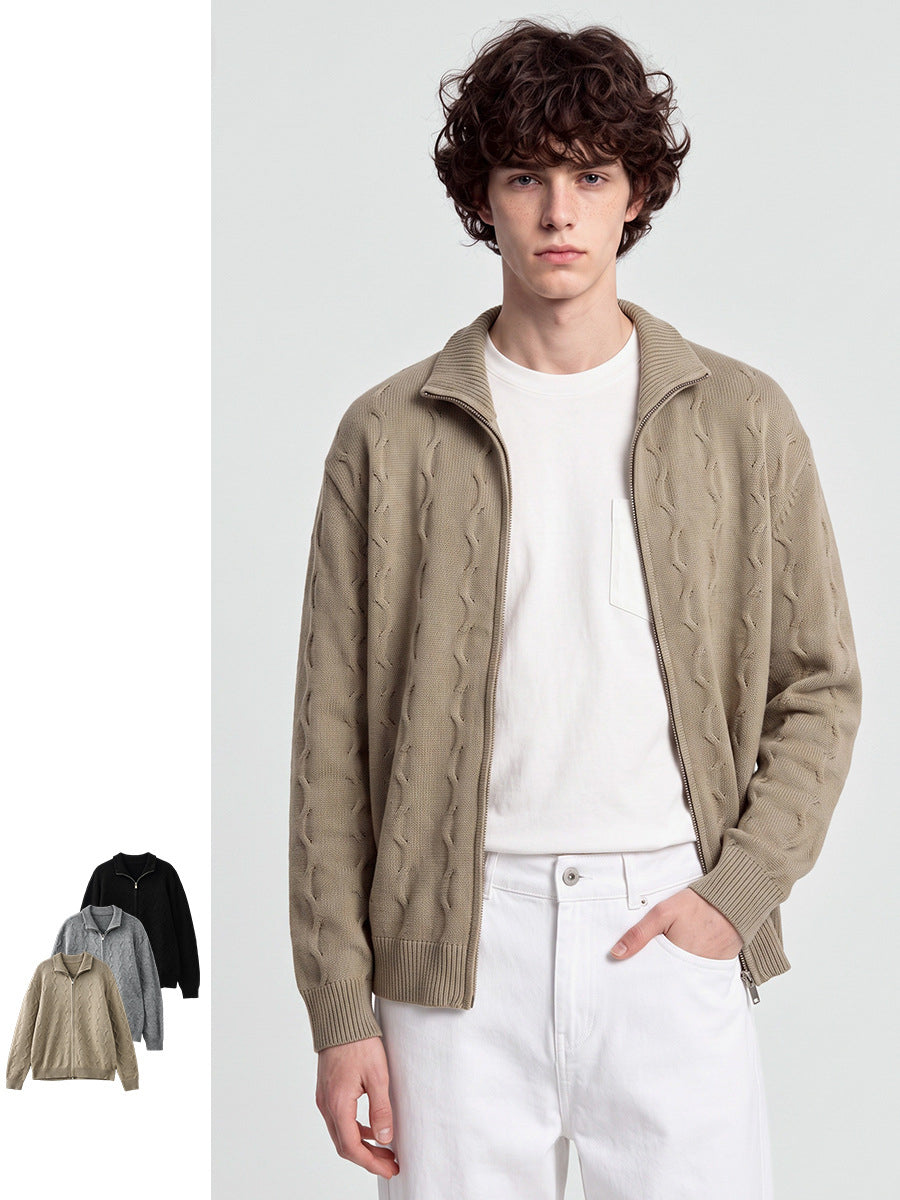 Men's Loose Half-High Collar Zip-Up Knit Cardigan