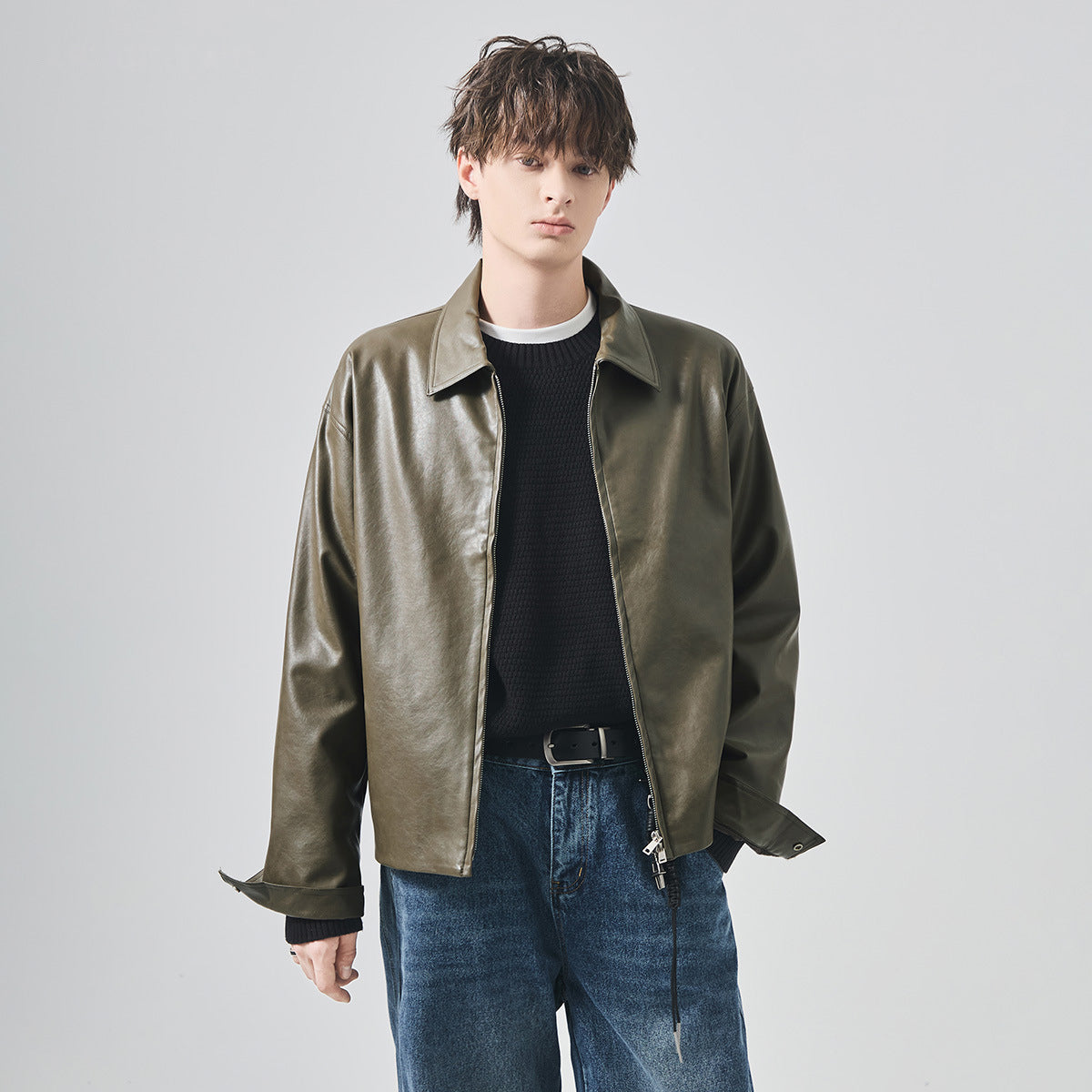Men's Loose PU Leather Zip-Up Jacket