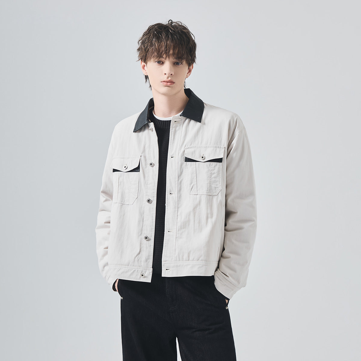 Men's Loose Thickened Contrast-Collar Button-Up Jacket