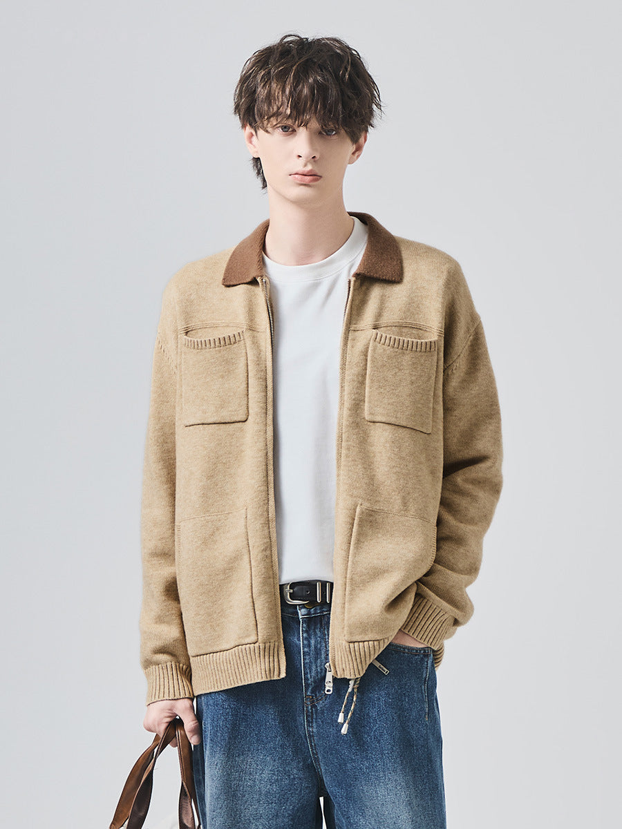 Men's Loose Lapel Knit Cardigan Jacket with Contrast Color