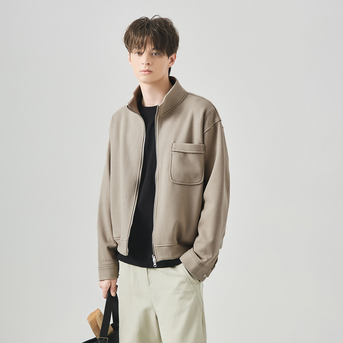Men's Loose Fleece-Lined Stand-Collar Zip-Up Jacket