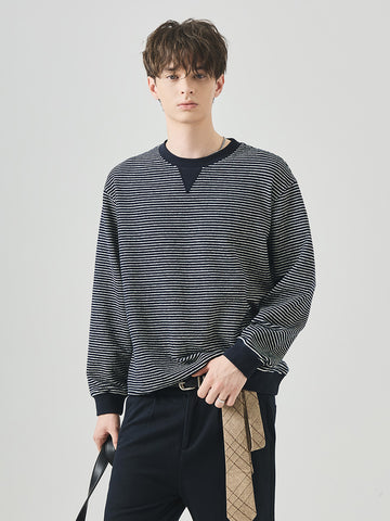 Men's Loose Contrast Stripe Pullover, Crew Neck Long-Sleeve Sweatshirt