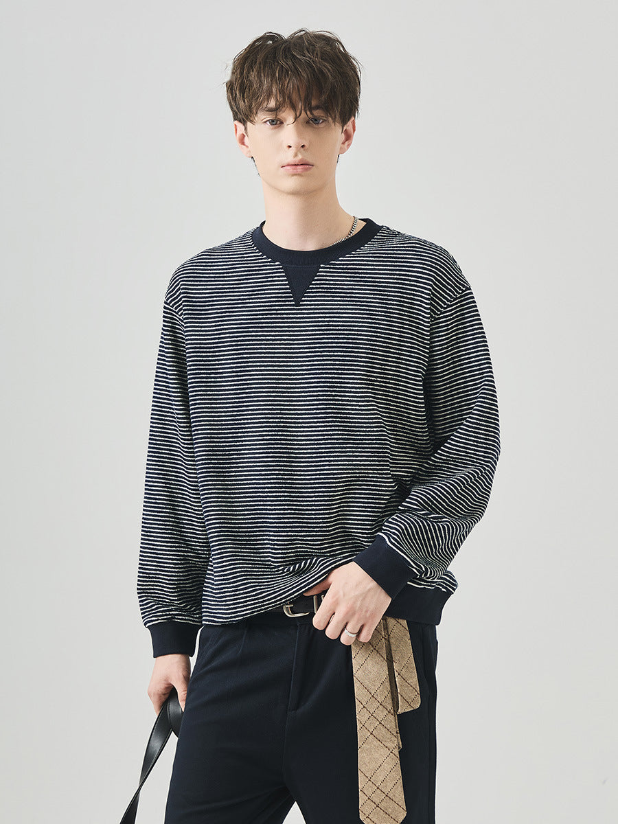 Men's Loose Contrast Stripe Pullover, Crew Neck Long-Sleeve Sweatshirt