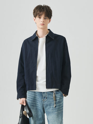Men's Loose Reversible Zip-Up Jacket with Lapel Collar