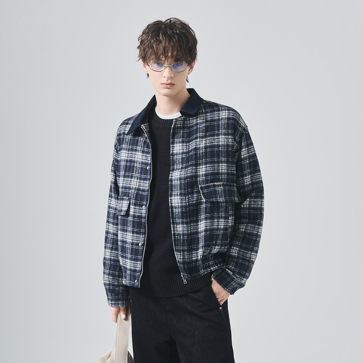 Men's Loose Thickened Plaid Woolen Zip-Up Jacket