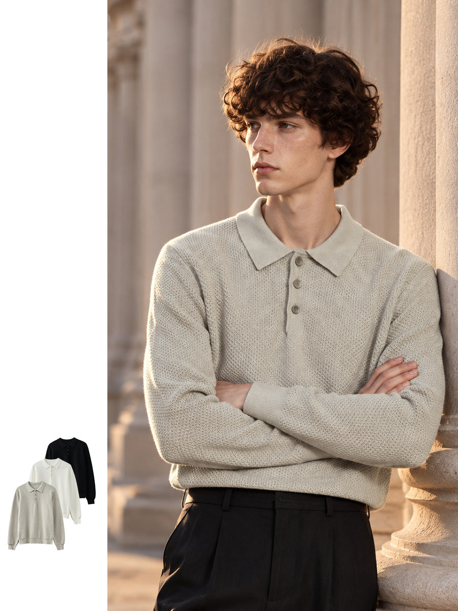 Men's Loose Long-Sleeve Knit Polo Sweater