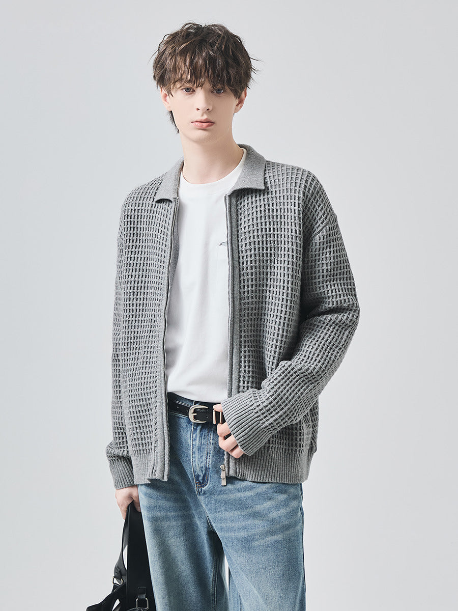 Men's Loose Zip-Up Waffle Knit Cardigan Jacket