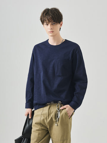 Men's Loose Long-Sleeve Cotton T-Shirt, Slub Cotton Pocket Tee