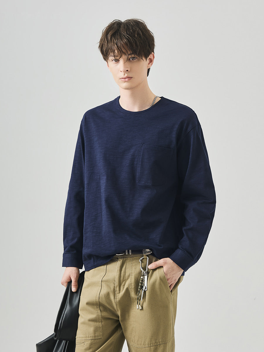 Men's Loose Long-Sleeve Cotton T-Shirt, Slub Cotton Pocket Tee