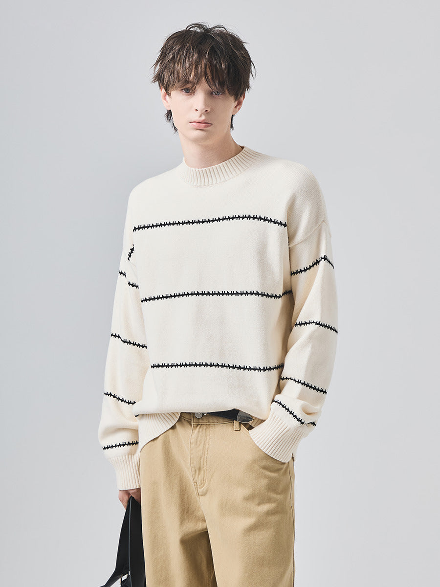 Unisex Loose Striped Crewneck Knit Sweater
