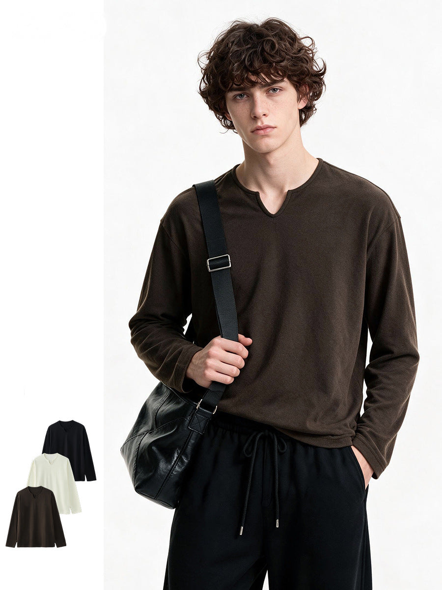 Men's Loose V-Neck Long-Sleeve T-Shirt, Cotton Blend Pullover