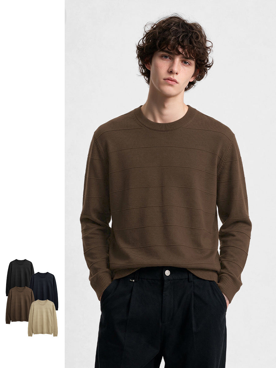 Men's Loose Round-Neck Textured Stripe Knit Sweater