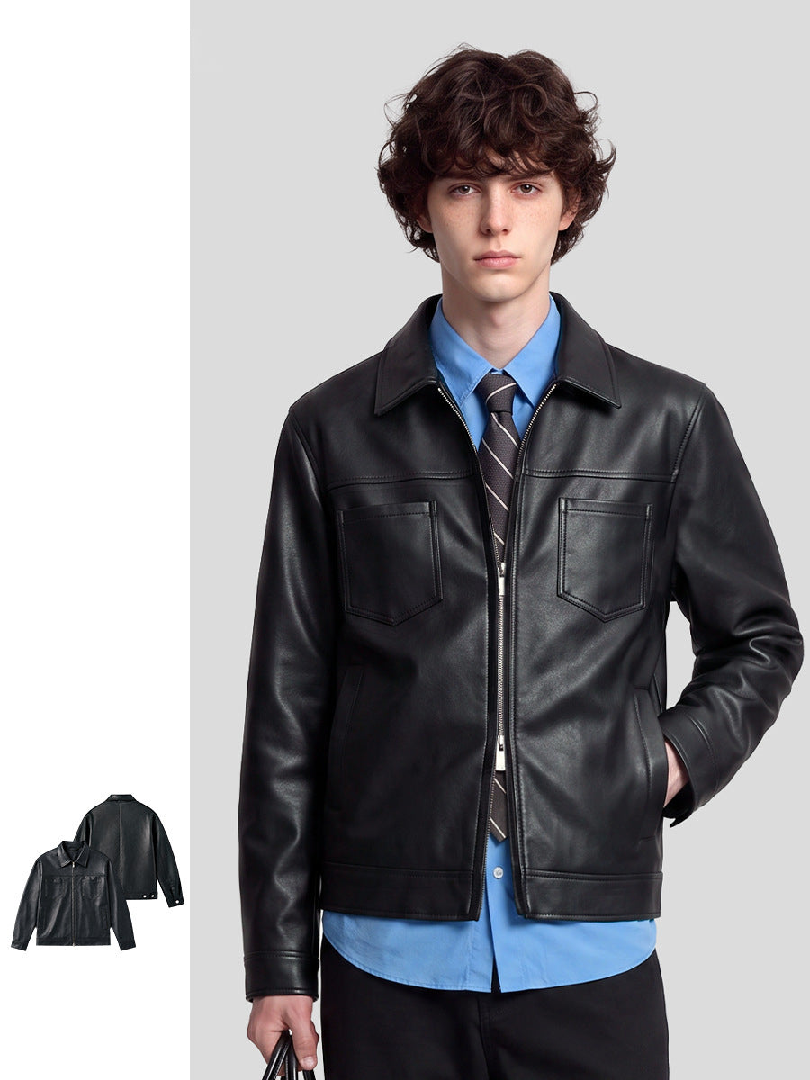 Men's Loose PU Leather Zip-Up Jacket with Collar