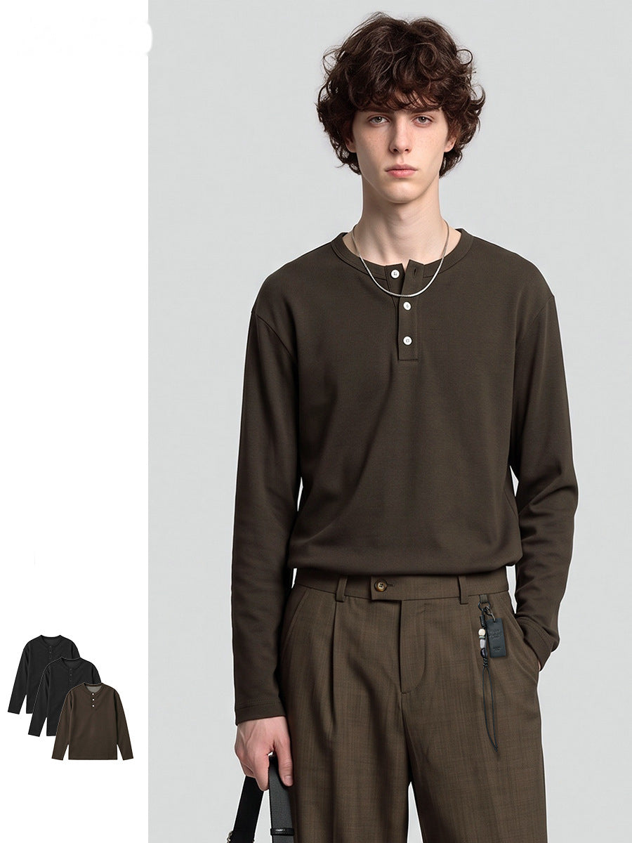 Men's Loose Henley Long-Sleeve T-Shirt, Button Placket Layering Top