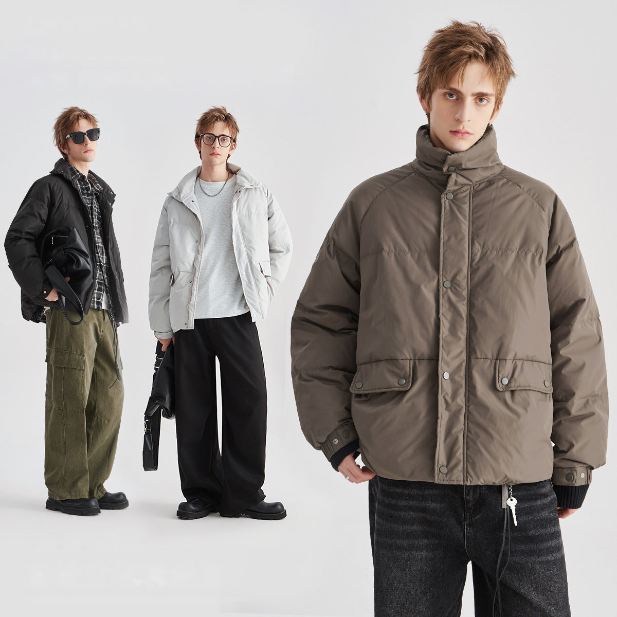 Men's Loose Windproof White Duck Down Stand-Collar Jacket
