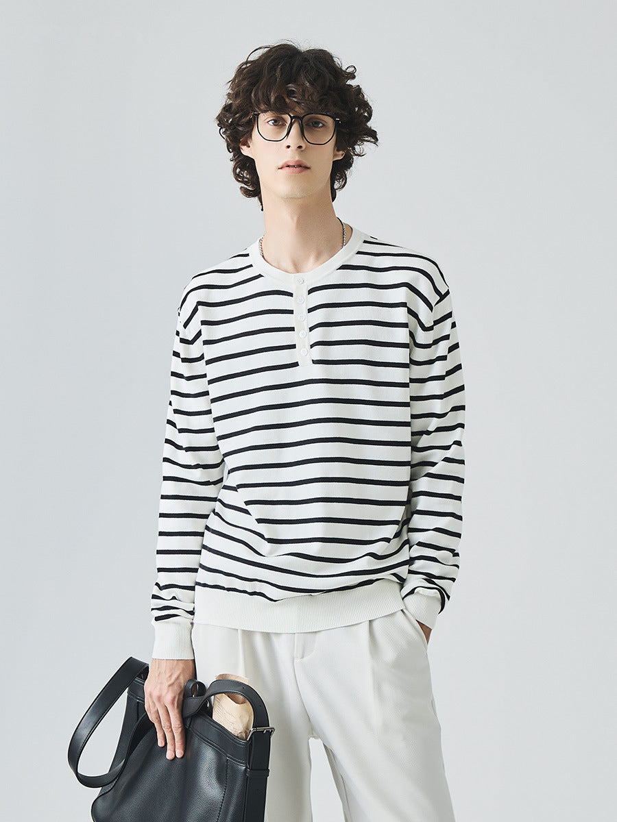 Men's Loose Henley Collar Striped Long-Sleeve Knit Sweater