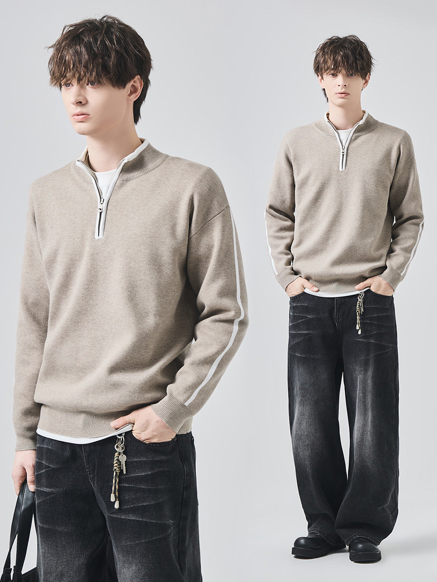 Men's Loose Half-Zip Contrast Stripe Knit Sweater