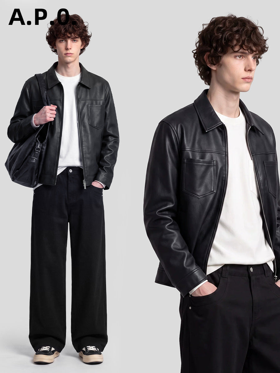 Men's Loose PU Leather Zip-Up Jacket with Collar