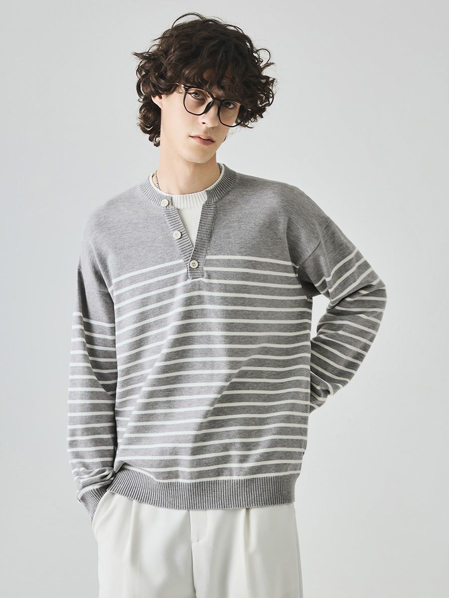 Men's Loose Striped Henley Knit Sweater