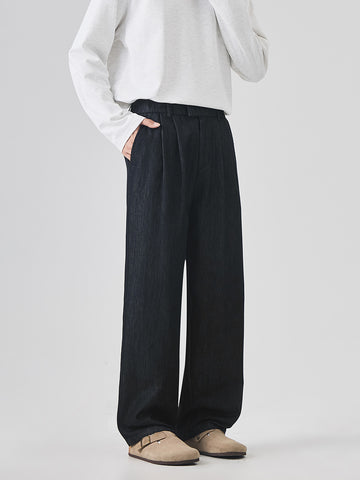 Men's Pleated Straight-Leg Denim Trousers