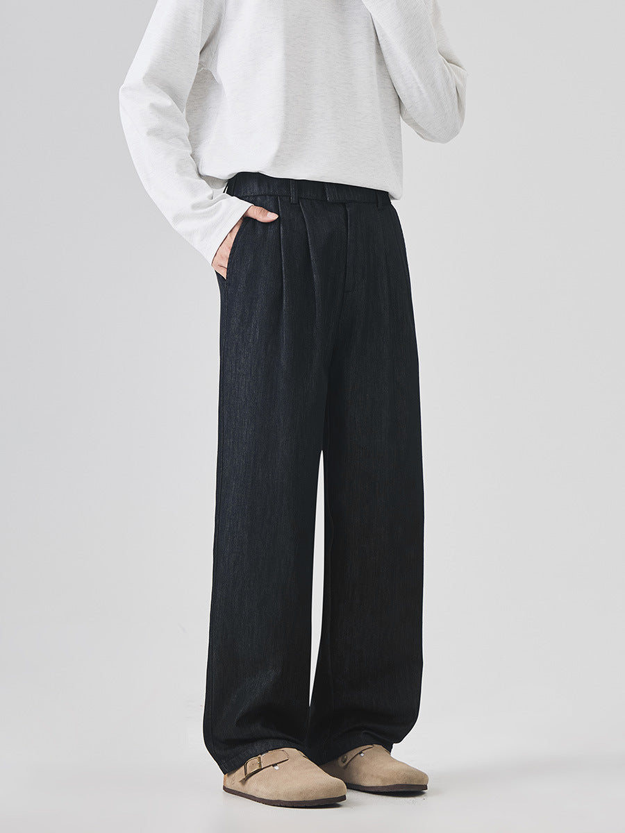 Men's Pleated Straight-Leg Denim Trousers