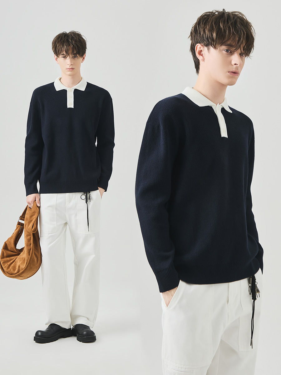 Men's Loose Contrast Collar Polo Knit Sweater