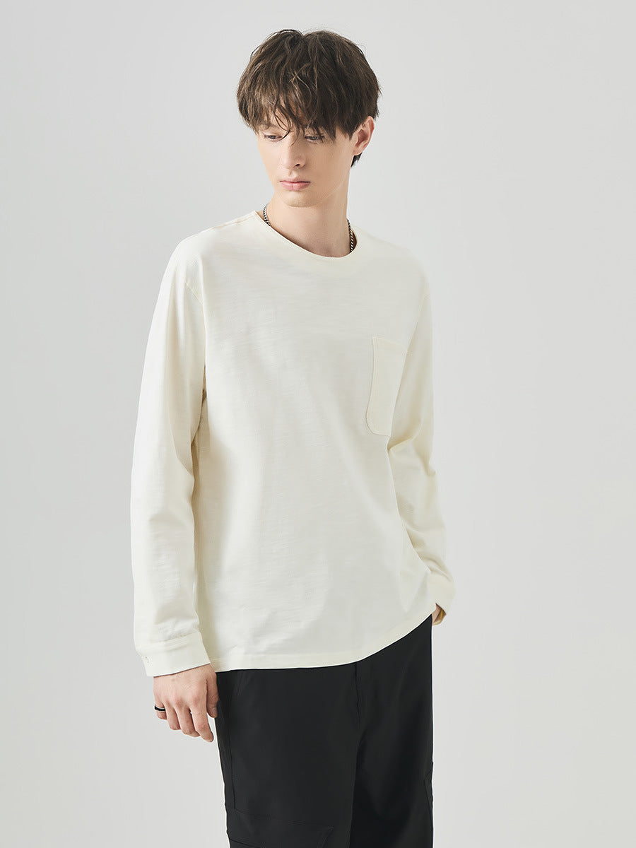 Men's Loose Long-Sleeve Cotton T-Shirt, Slub Cotton Pocket Tee