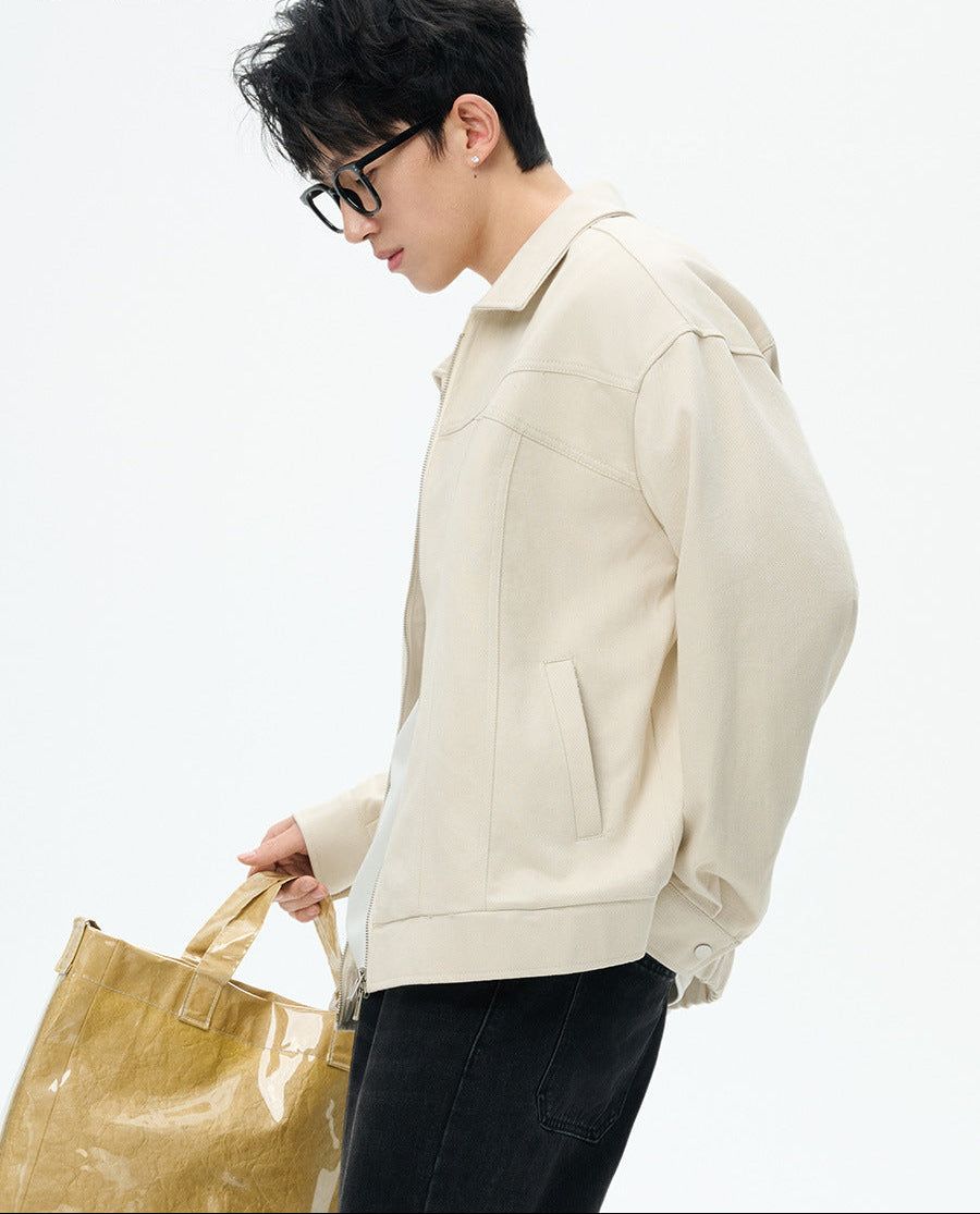 Men's Loose Washed Zip-Up Jacket with Lapel Collar