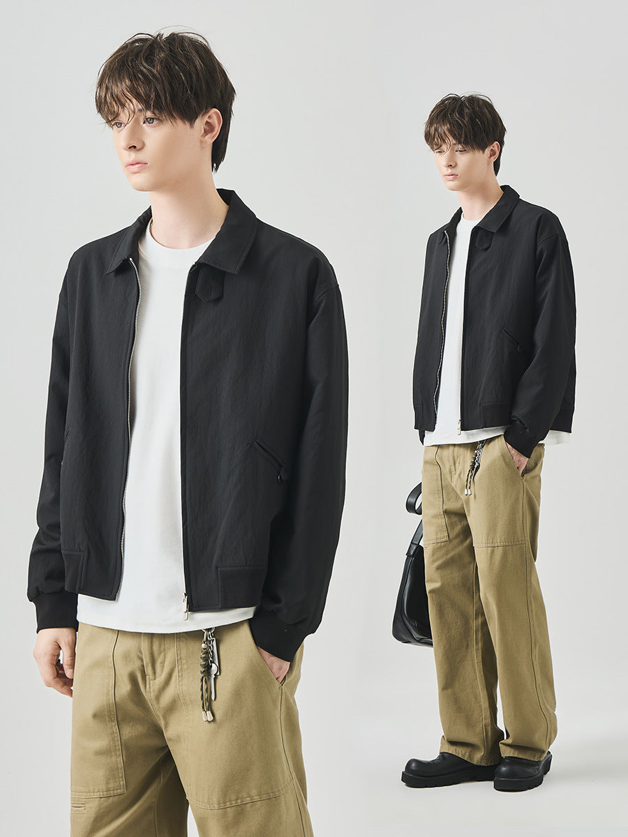 Men's Loose Zip-Up Casual Jacket with Ribbed Hem