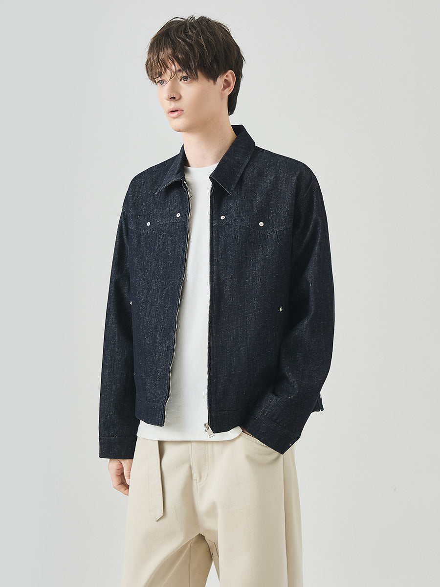 Men's Loose Studded Denim Jacket with Lapel Collar