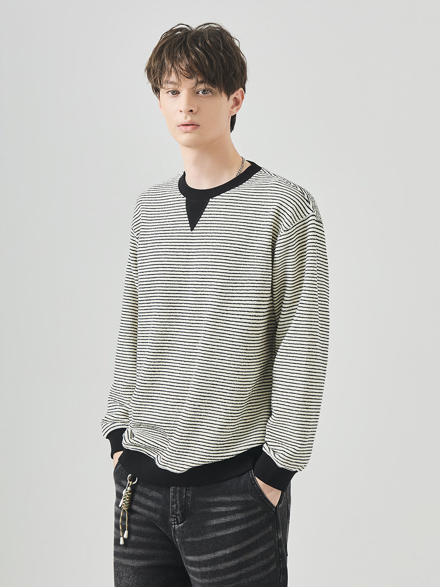 Men's Loose Contrast Stripe Pullover, Crew Neck Long-Sleeve Sweatshirt