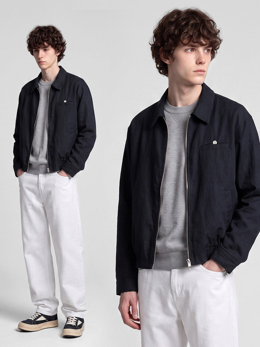 Men's Loose Zip-Up Casual Jacket, Collared Workwear Style