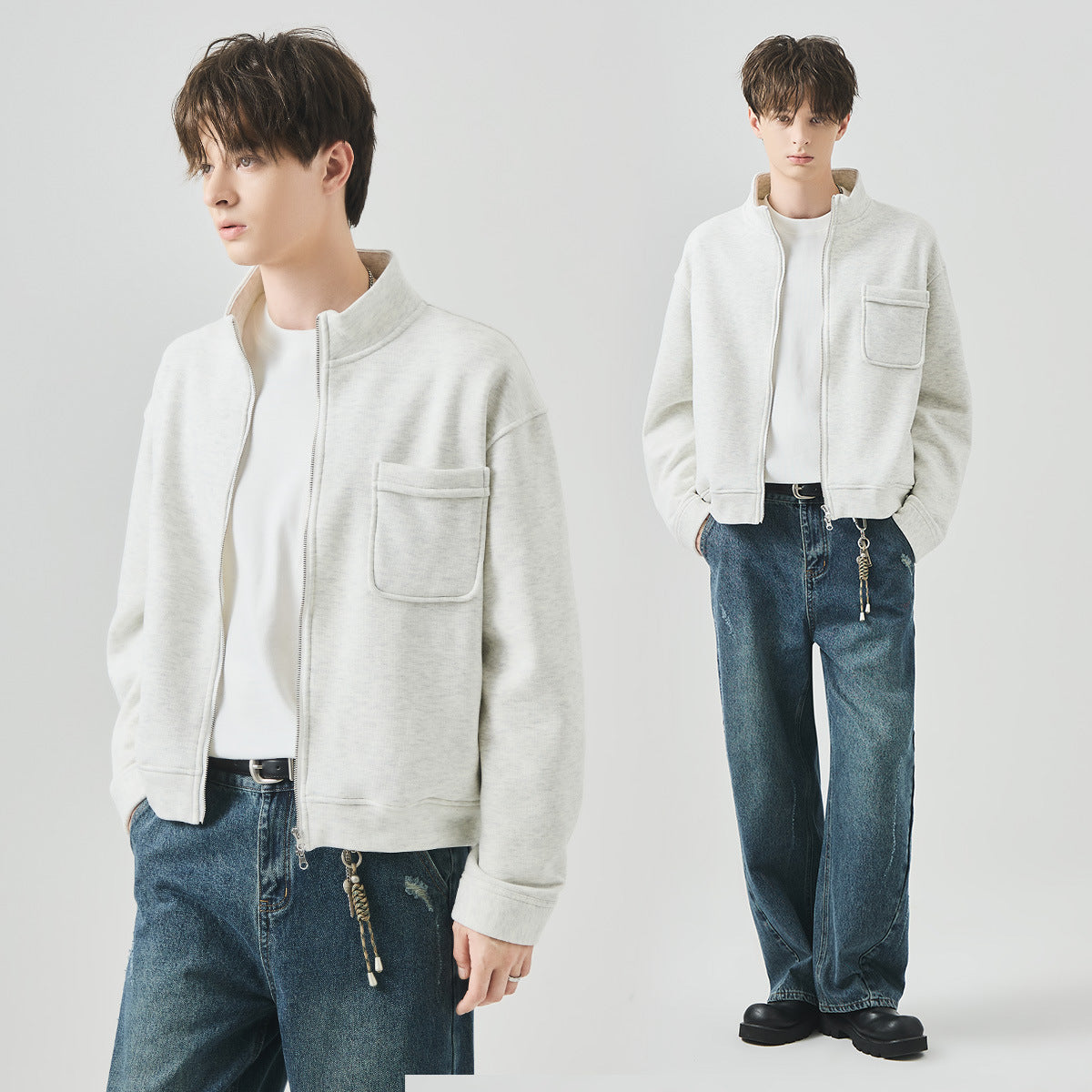 Men's Loose Fleece-Lined Stand-Collar Zip-Up Jacket