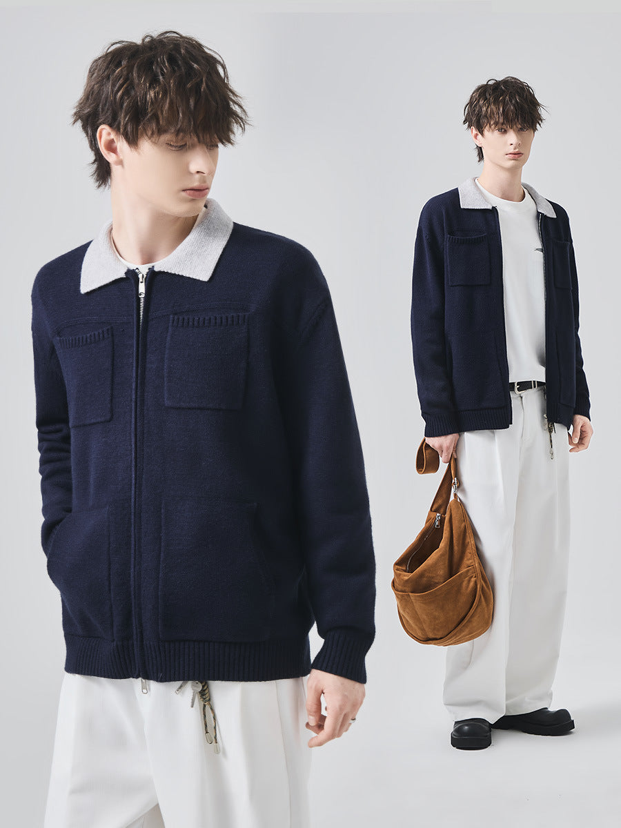 Men's Loose Lapel Knit Cardigan Jacket with Contrast Color