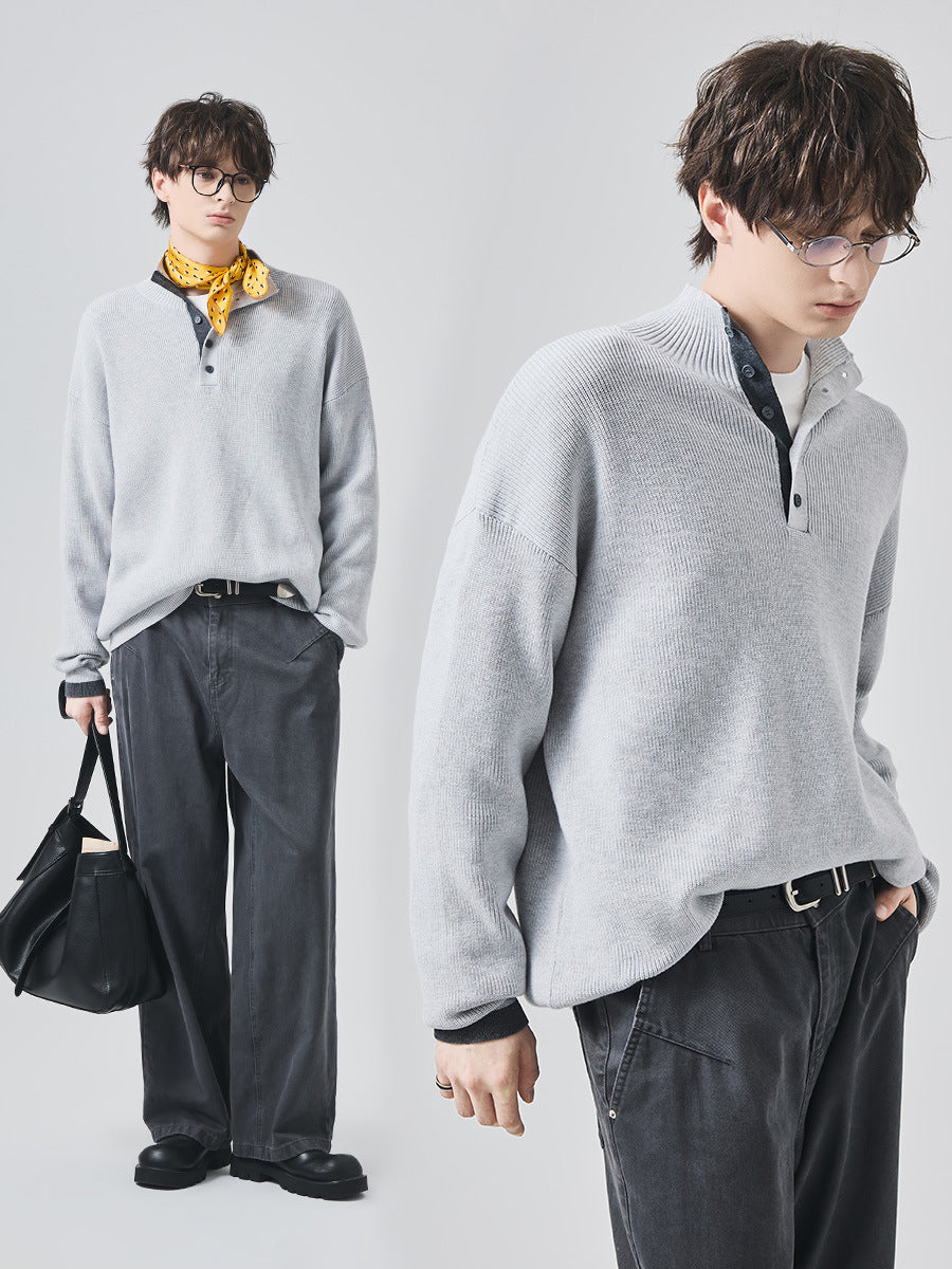 Men's Loose Half Turtleneck Contrast Color Knit Sweater