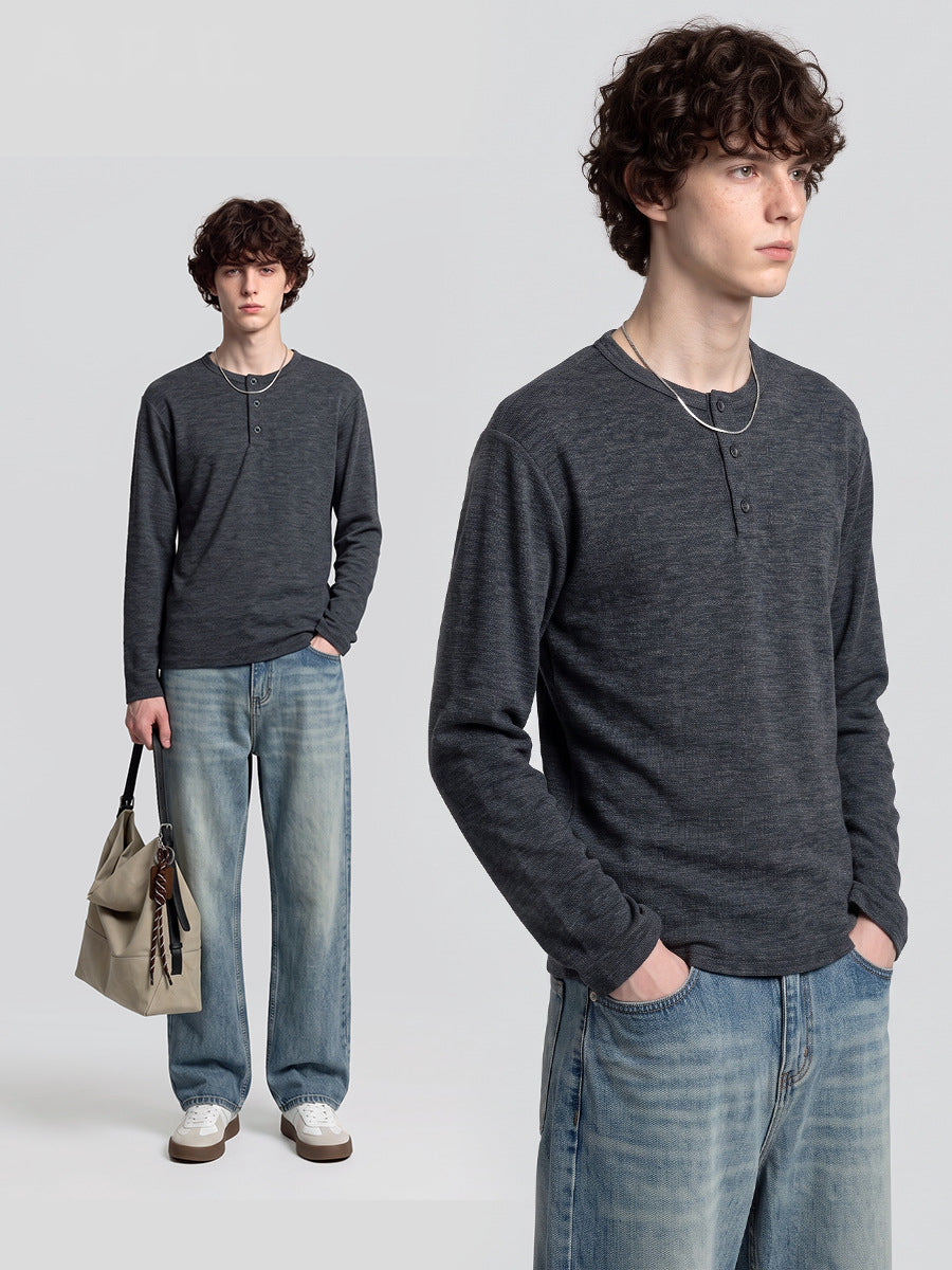 Men's Loose Henley Long-Sleeve T-Shirt, Button Placket Layering Top