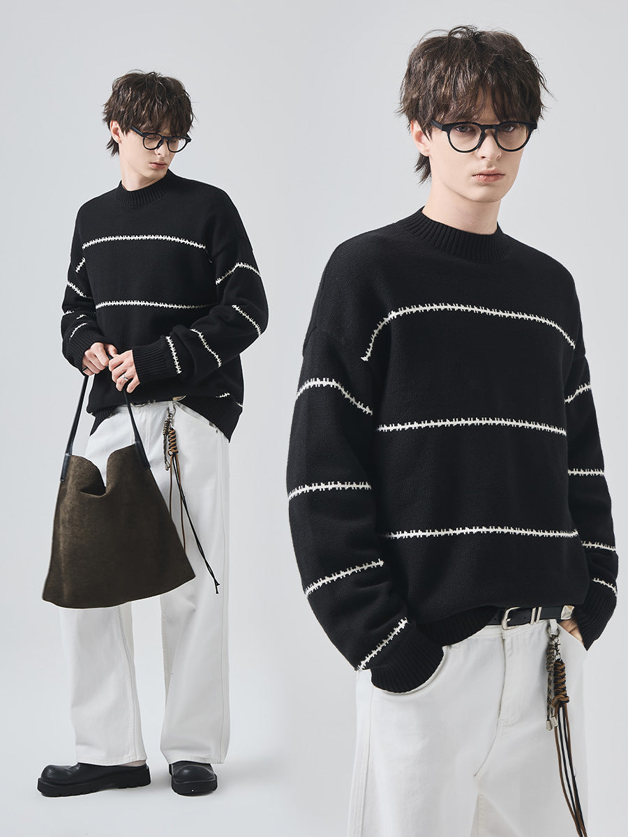 Unisex Loose Striped Crewneck Knit Sweater