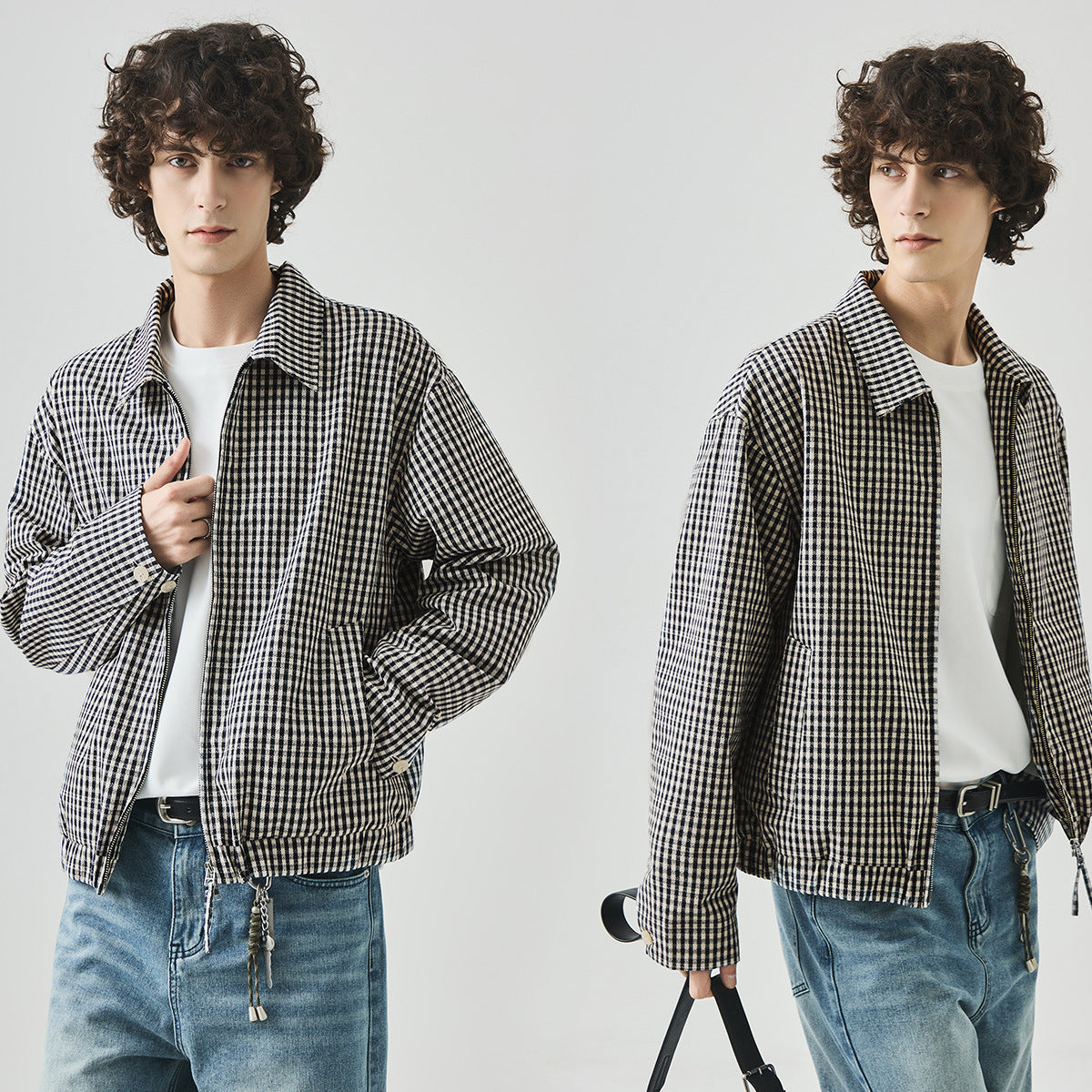 Men's Loose Plaid Zip-Up Casual Jacket