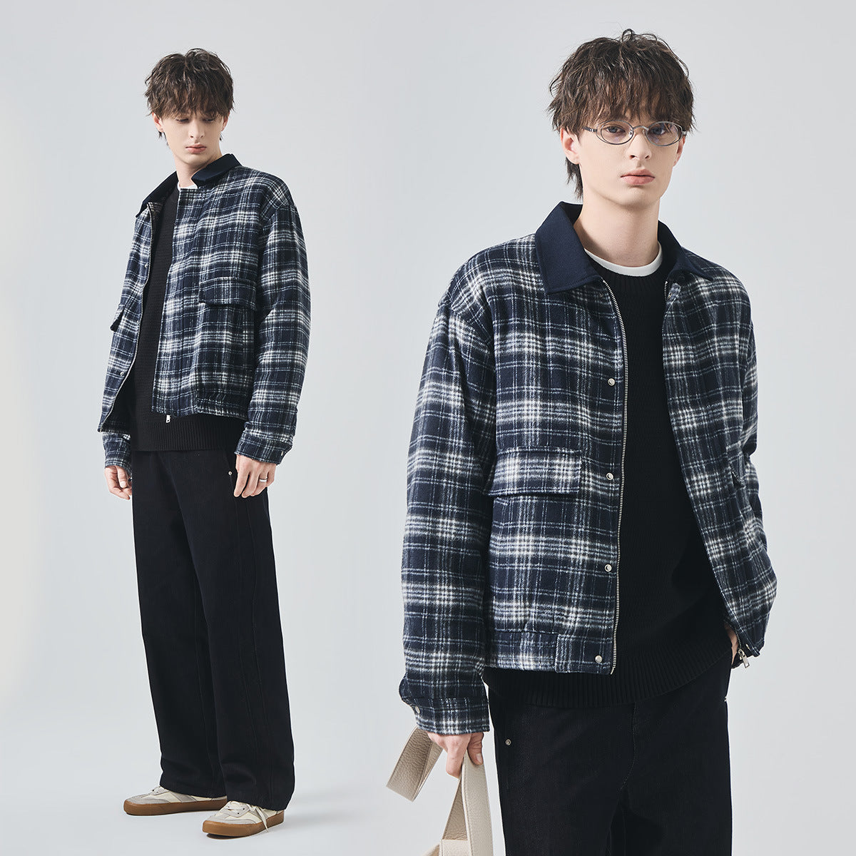 Men's Loose Thickened Plaid Woolen Zip-Up Jacket